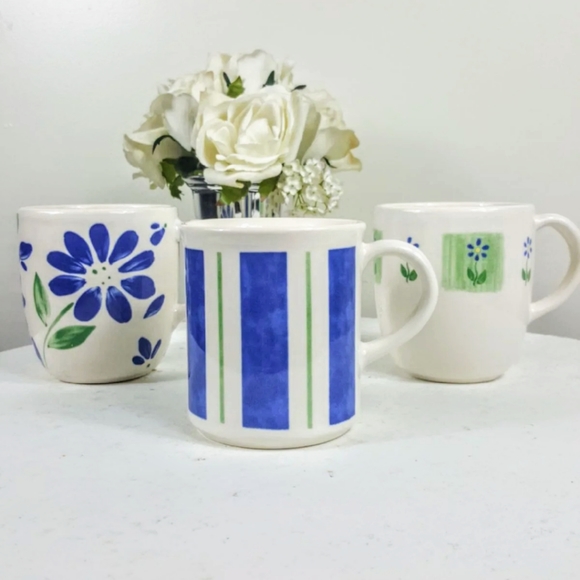 3 Russian MCM Antique Vintage Ceramic Stoneware Blue Coffee Mug Matching Set - Picture 1 of 6
